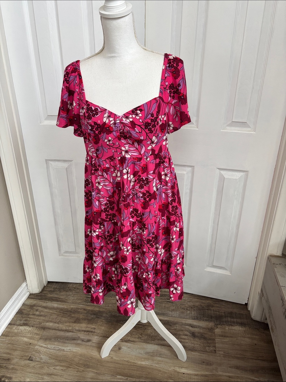 Draper James Hot Pink Floral Square-Neck Mini Dress
